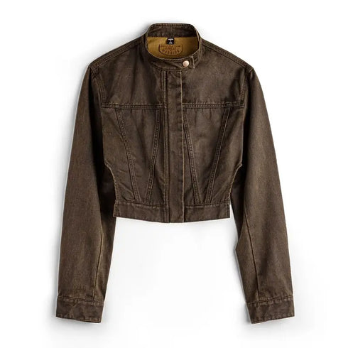 Brown denim jacket on a white background